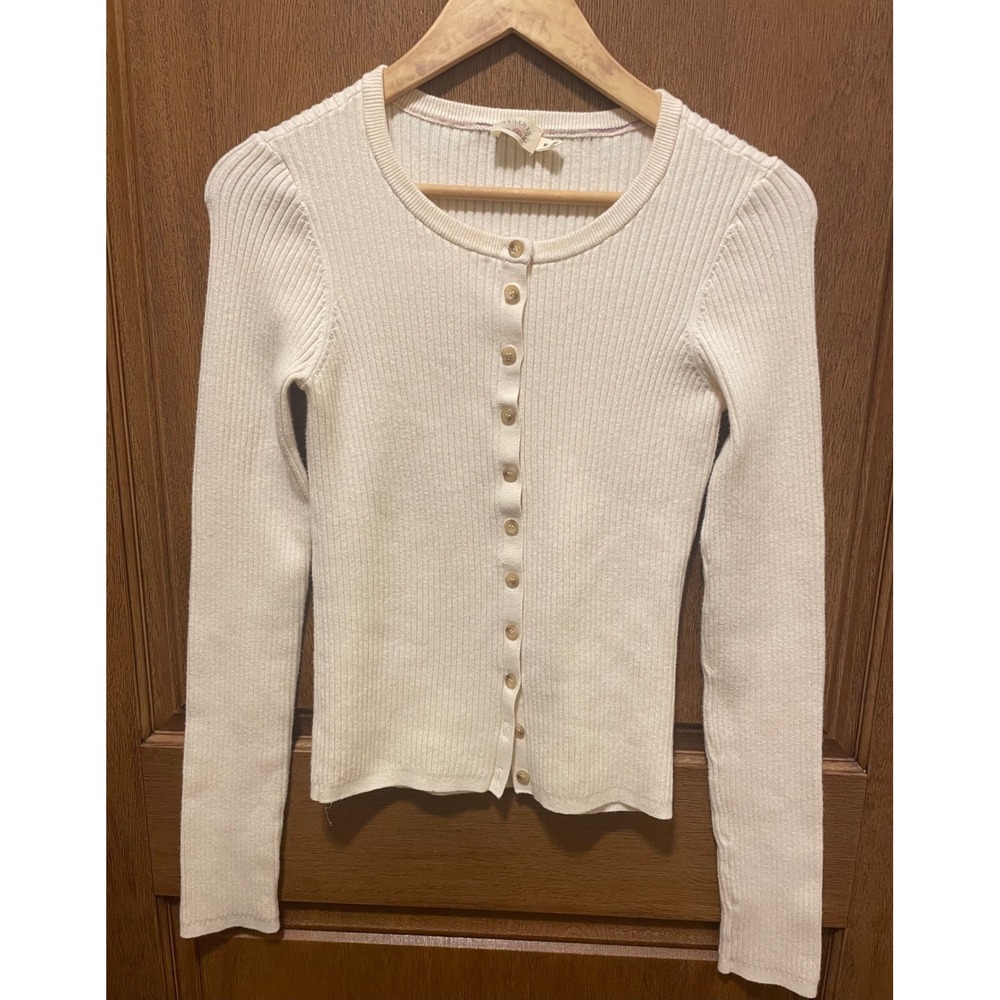 Faherty Cream Ribbed Organic Cotton Cashmere Blend Button Front Cardigan Size M